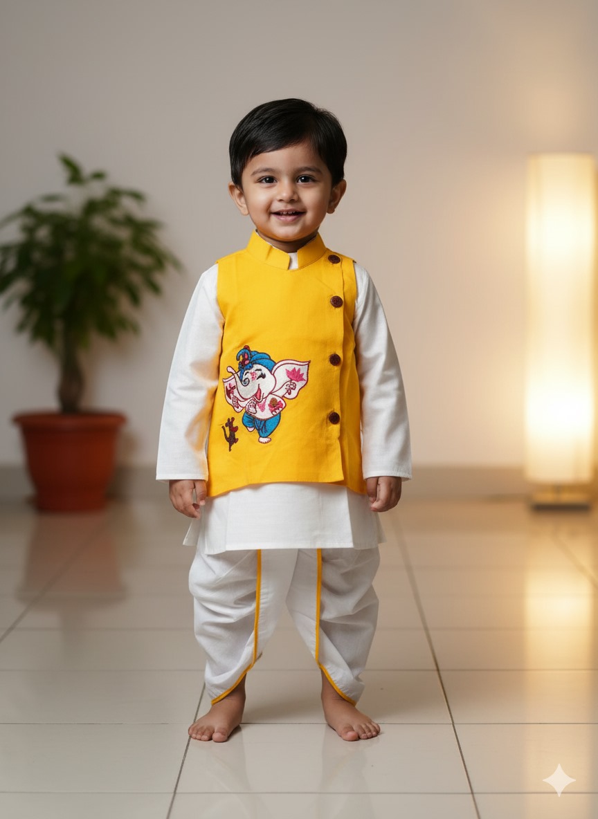 Yellow Gonesh Koti White Panjabi Dhoti - ১ ০ ০ % সুতি কাপড় ( স্ল্যাব কটন )