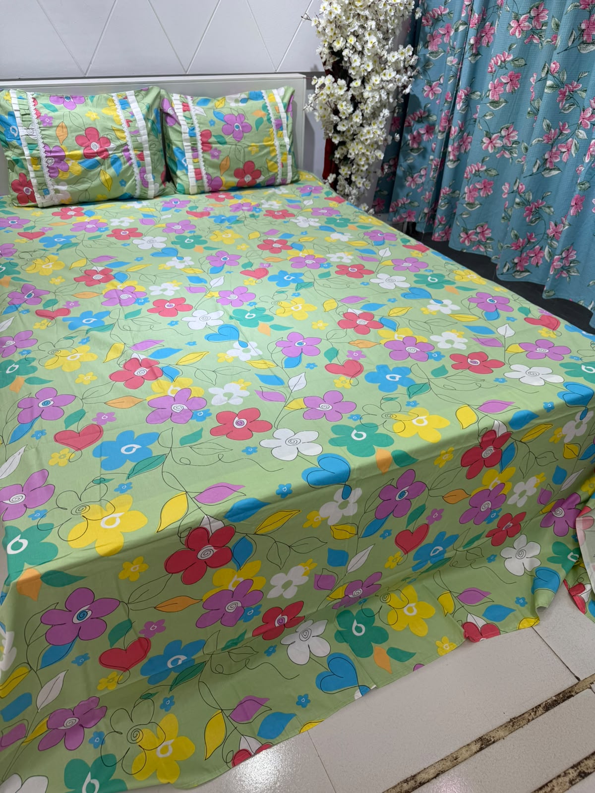 bed sheet full jhuri green